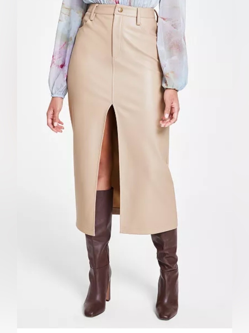 STEVE MADDEN, Beige Faux-Leather Midi Skirt with Front Slit, Size 6